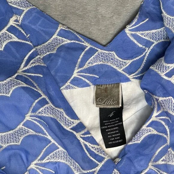 Anthropologie Lithe Blue & White Silk Blend Embroidered Fit & Flare Dress - Picture 4 of 6